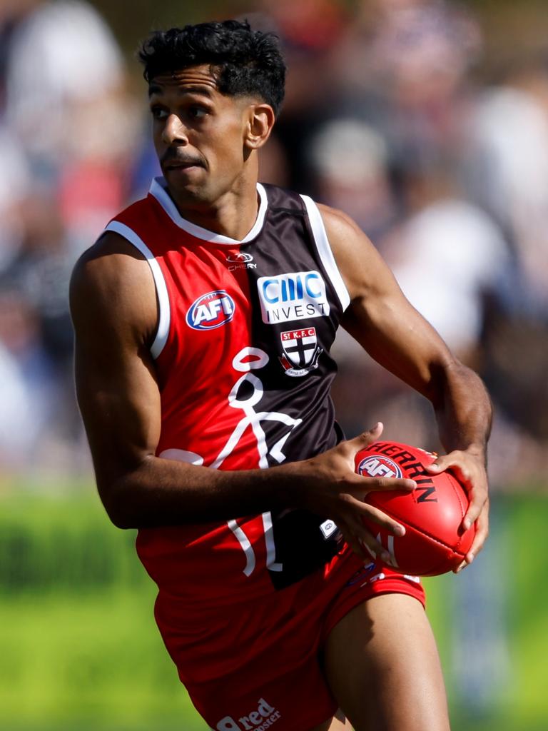 Nasiah Wanganeen-Milera of the Saints in action during the AAMI Community Series match between against North Melbourne at RSEA Park. Picture: Dylan Burns/AFL Photos via Getty Images.