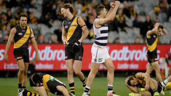 Richmond suffers yet another defeat to Geelong, in Round 21 last year. Picture: Wayne Ludbey