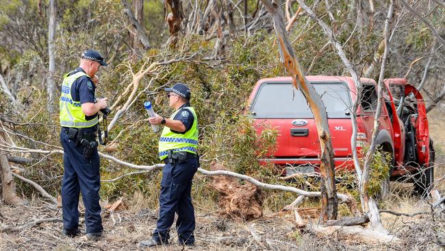 Fatal single vehicle accident on the Karoonda Highway, 28km from Murray Bridge, Tuesday March 16, 2021. Picture: Brenton Edwards