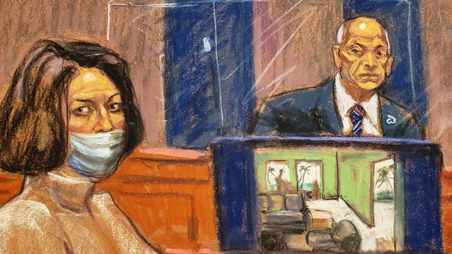 This courtroom sketch shows Ghislaine Maxwell in court for her trial on charges of sex trafficking. Picture: Jane Rosenberg/AFP