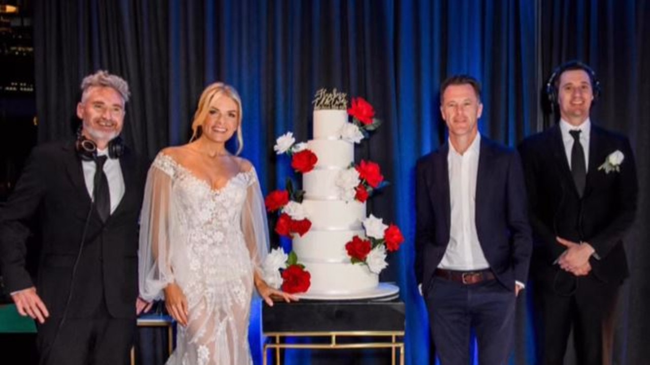 Dave Hughes, NSW Premier Chris Minns and Ed Kavalee with Erin Molan at her 'wedding".