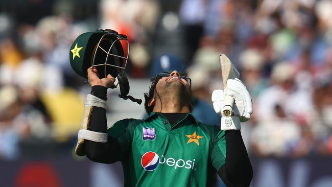 Pakistan's Imam-ul-Haq celebrates his century. Picture: AFP