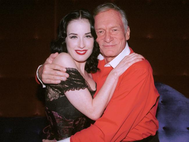 Dita Von Teese and Playboy founder Hugh Hefner attend the Playboy party at Barfly on November 15, 2002 in West Hollywood, California. Von Teese is featured as Miss December 2002 for Playboy’s holiday issue. Picture: Getty