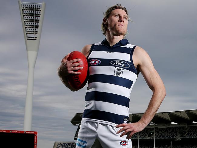 Geelong's Mark Blicavs wears the cats heritage jumper ahead of this weeks match against North Melbourne       . Pic: Michael Klein