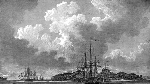 An engraving of the First Fleet in Botany Bay at voyage's end in 1788, from The Voyage of Governor Phillip to Botany Bay. The Alexander, which Randall would have arrived on, is on the left. Picture: Wikimedia Commons