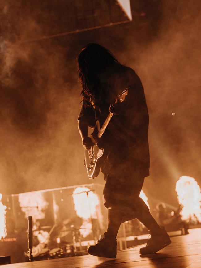 Billie Eilish wields an electric guitar in Brisbane. Picture: Henry Wu