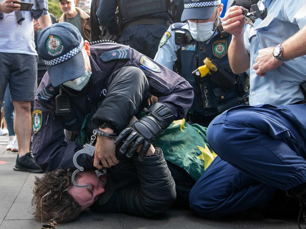 NSW Police make arrests in Sydney’s CBD during a heated protest. Picture: NCA NewsWire/Bianca De Marchi