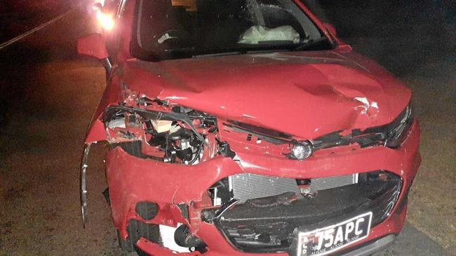 Anthony Cathro's four month old car came off second best following a deer crash on Lakes Creek Rd. Picture: contributed