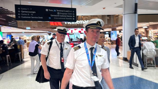 The Qantas pilots that safely landed flight QF520 which suffered an engine failure during takeoff. Picture: Liam Mendes