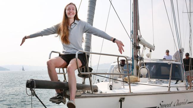 Katherine Shannon on the bow of Sweet Chariot at Royal Sydney Yacht Squadron.