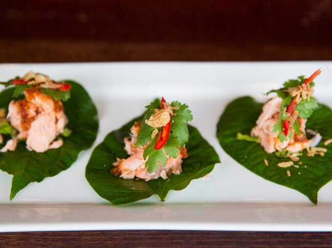 Blue Ginger’s betel leaf topped with smoked trout, chilli, garlic, and fried shallots. Picture: Facebook