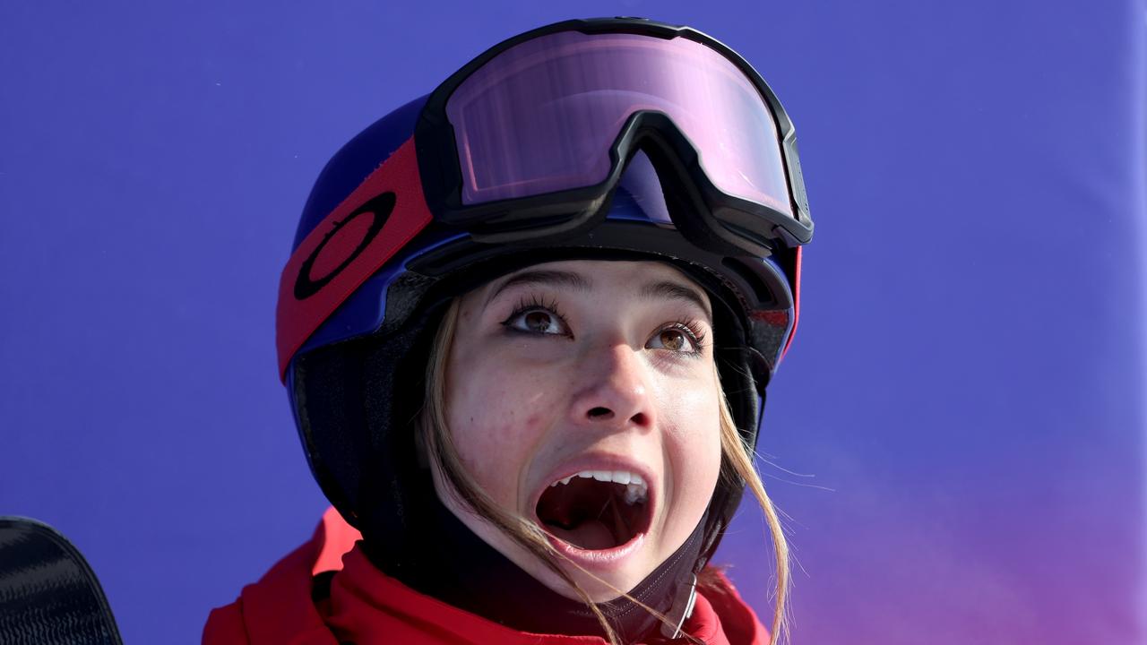 ZHANGJIAKOU, CHINA - FEBRUARY 18: Ailing Eileen Gu of Team China reacts after their second run during the Women's Freestyle Freeski Halfpipe Final on Day 14 of the Beijing 2022 Winter Olympics at Genting Snow Park on February 18, 2022 in Zhangjiakou, China. (Photo by Ezra Shaw/Getty Images)