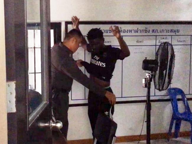 OFrench national Yohan Michael Tunka Buaga is pictured at a Thai police station after being accused of rape by a British teenager. Picture: Viral Press