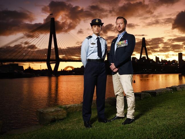 Air Force Veteran John Kirton with Cadet Under Officer Liberti Lorefice from 305 City of Northern Beaches Squadron at Blackwattle Bay. Picture: Richard Dobson