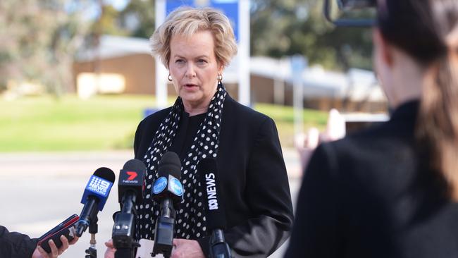 Education department spokesperson Anne Millard speaking outside Renmark High School on Wednesday. Image AAP/Mark Brake