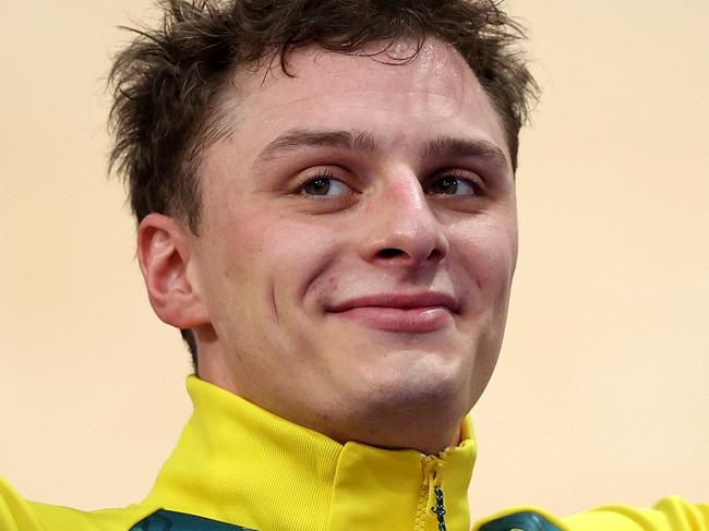 PARIS, FRANCE - AUGUST 11: Silver medalist Matthew Richardson poses on the podium after the Men's Keirin, Final on day sixteen of the Olympic Games Paris 2024 at Saint-Quentin-en-Yvelines Velodrome on August 11, 2024 in Paris, France. (Photo by Jared C. Tilton/Getty Images)