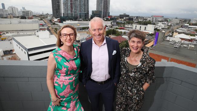 Experience Gold Coast is announcing the return of BIG CITY LIGHTS. IN Southport TAFE carpark overlooking the Southport CBD for the announcement are Councillor Brooke Patterson, John Warn and Rosie Dennis. Picture Glenn Hampson