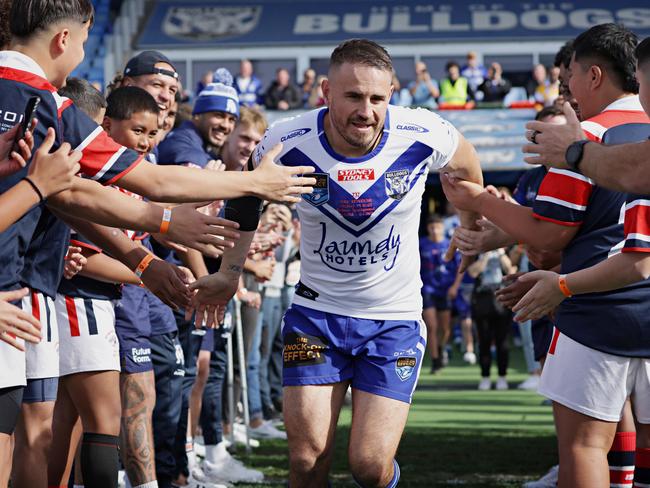 WEEKEND TELEGRAPH JULY 15, 2023. Josh Reynolds running out of the tunnel for his last professional game of rugby league with the Bulldogs NSW Cup team against the North Sydney Bears at Belmore Sportsground. Picture: Adam Yip