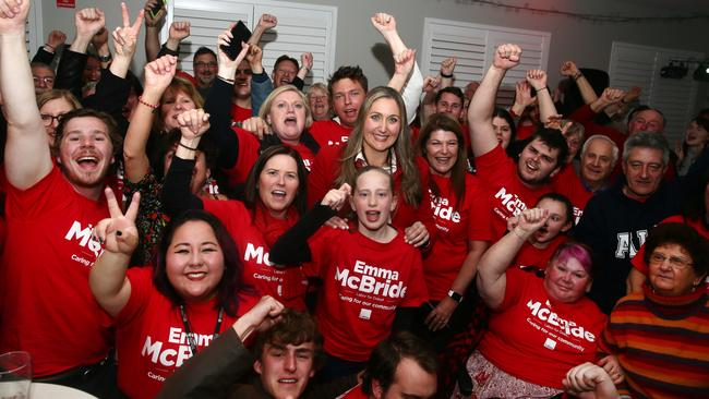 Jubilant scenes at Emma McBride’s election party at The Entrance Leagues Club after she claimed victory in Dobell. Picture: Peter Clark