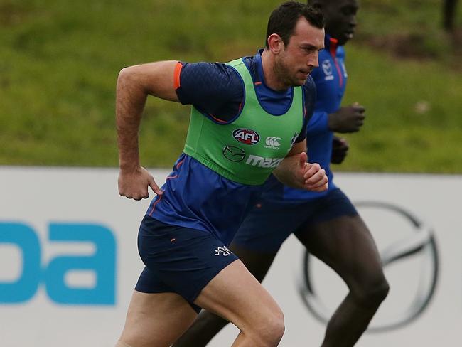 Todd Goldstein tests out his knee at training this week. Picture: Wayne Ludbey