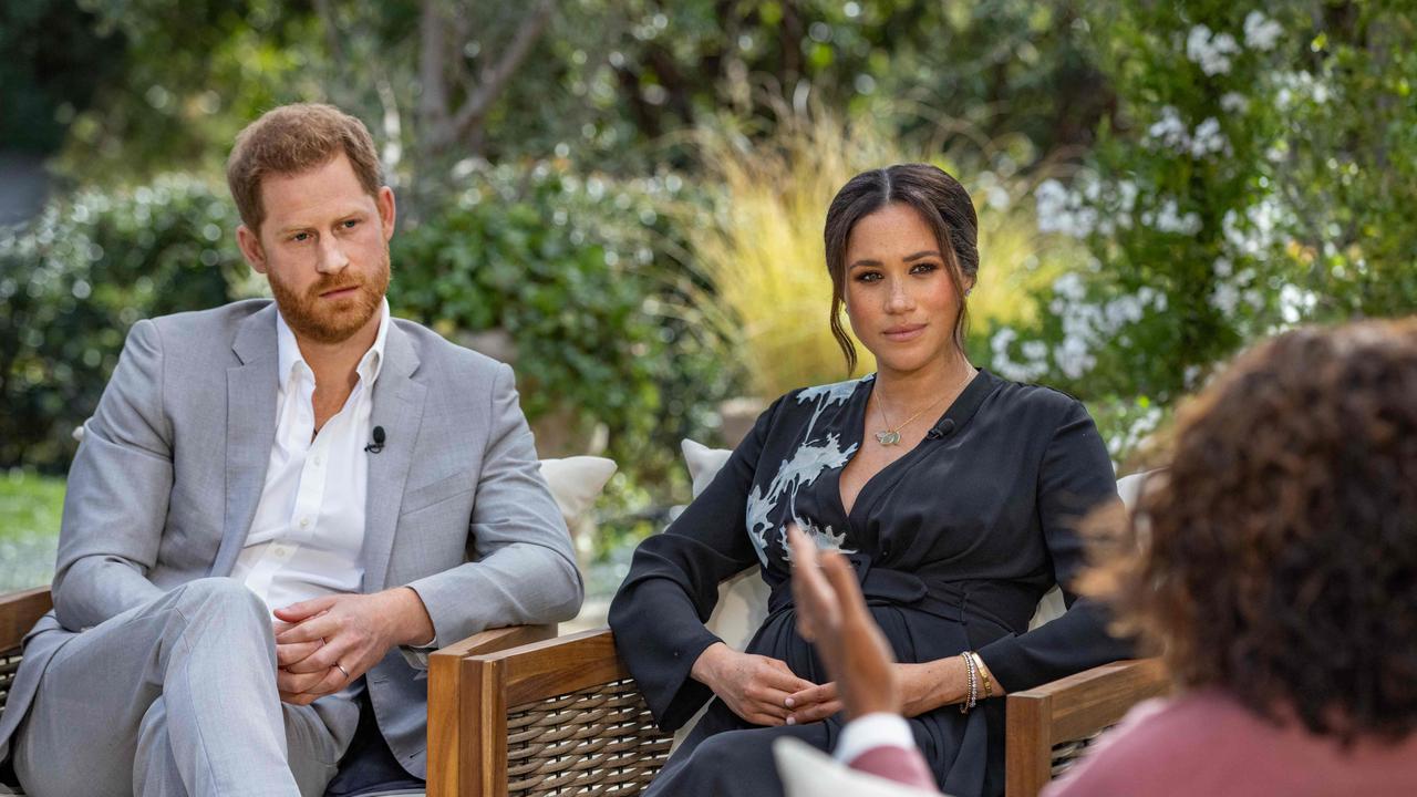 Prince Harry and Meghan talk to Oprah Winfrey. Picture: Joe Pugliese/Harpo Productions/AFP