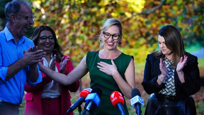 Queensland senator Larissa Waters (centre) gives her first press conference after being picked to lead the Greens. Picture: NewsWire / Luis Enrique Ascui