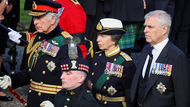 The siblings as they walked behind the procession of the Queen’s coffin from the Palace of Holyroodhouse to St Giles Cathedral in Scotland just days after she died. Picture: Phil Noble/AFP