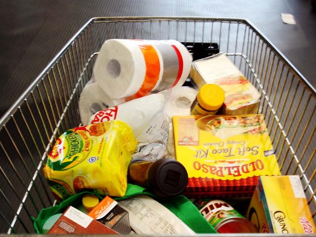 Generic Woolworths shopping trolley full of groceries