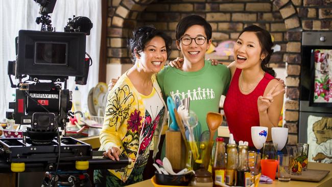 Jenny Law (Fiona Choi), Benjamin Law (Trystan Go) and Candy Law (Shuang Hu) on the set of SBS TV series The Family Law.