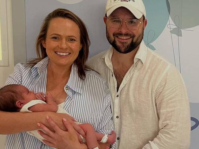 Nine presenter Emma Lawrence with partner Thomas and newborn Harper Rose Hughes. Picture: Instagram