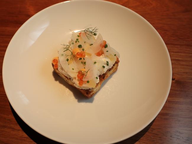 Landscape’s spanner crab on brioche toast with shellfish butter, pickled daikon and roe. Picture: Mireille Merlet