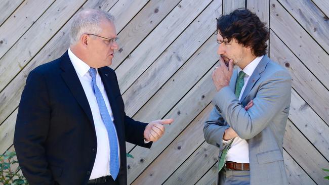 Prime Minister Scott Morrison attends a pull-aside meeting with Canadian Prime Minister Justin Trudeau. Photo: Adam Taylor/PMO.