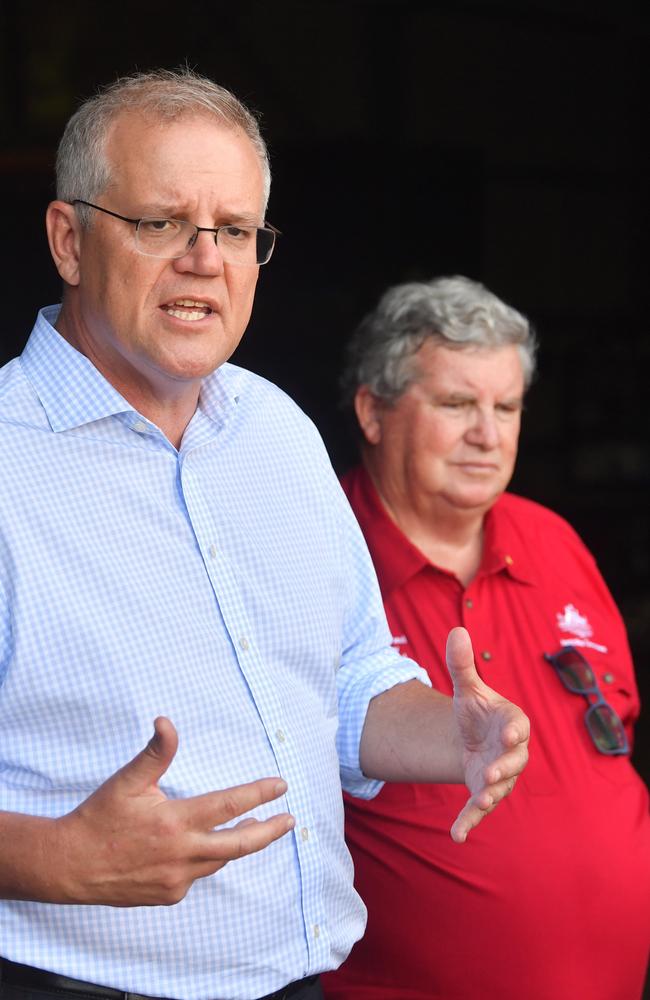 Former Prime Minister Scott Morrison with National Recovery and Resilience Agency co-ordinator Shane Stone during the floods crisis. Picture: File