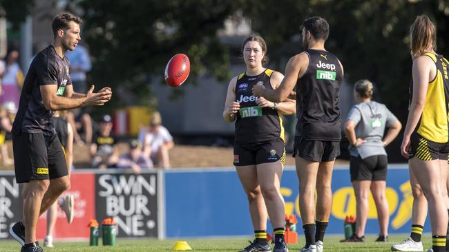 Richmond trains this week in a joint AFL and AFLW training session. Picture: Jay Town