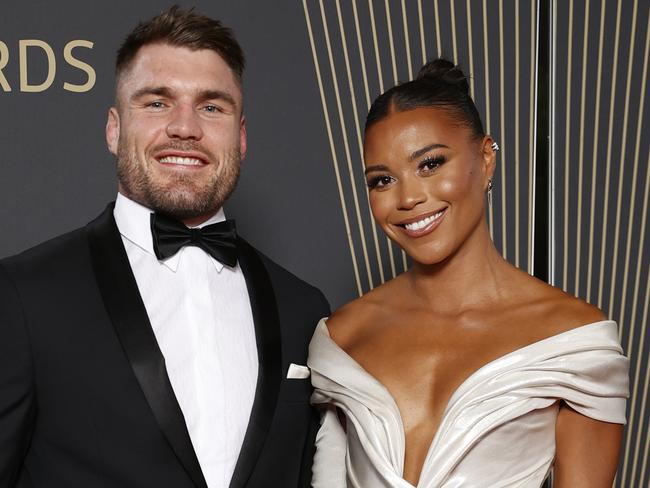 DAILY TELEGRAPH SEPTEMBER 28, 2022. Angus Crichton and Morgan Mitchell on the red carpet for the 2022 Dally M Awards, held at Royal Randwick Racecourse. Picture: Jonathan Ng