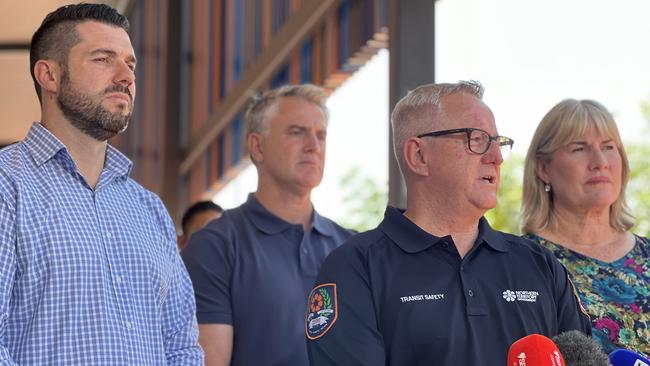 Alcohol Minister Brent Potter, Transport Minister Joel Bowden, Transit Safety Unit's Shane McCorkell, and Chief Minister Eva Lawler. Picture: Fia Walsh.