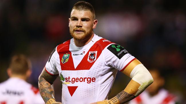 WOLLONGONG, AUSTRALIA - AUGUST 20: Josh Dugan of the Dragons looks on during the round 24 NRL match between the St George Illawarra Dragons and the Penrith Panthers at WIN Stadium on August 20, 2015 in Wollongong, Australia. (Photo by Mark Nolan/Getty Images)