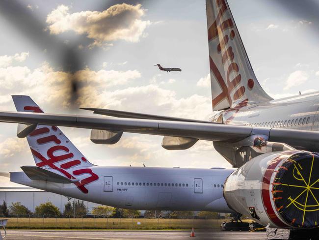 5th August 2020.Virgin Australia wide-body aircrafts are seen grounded at the Brisbane Airport.Photo: Glenn Hunt / The Australian