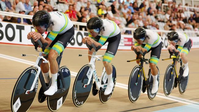 ADELAIDE, AUSTRALIA - FEBRUARY 02: Mens Team Pursuit Gold Medal ride - Australia defeated by Great Britain. Australian riders Blake Agnoletto, Conor Leahy, Kelland O'Brien and Samuel Welsford during the 2024 Track Nations Cup at the Adelaide Super-Drome on February 02, 2024 in Adelaide, Australia. (Photo by Sarah Reed/Getty Images)