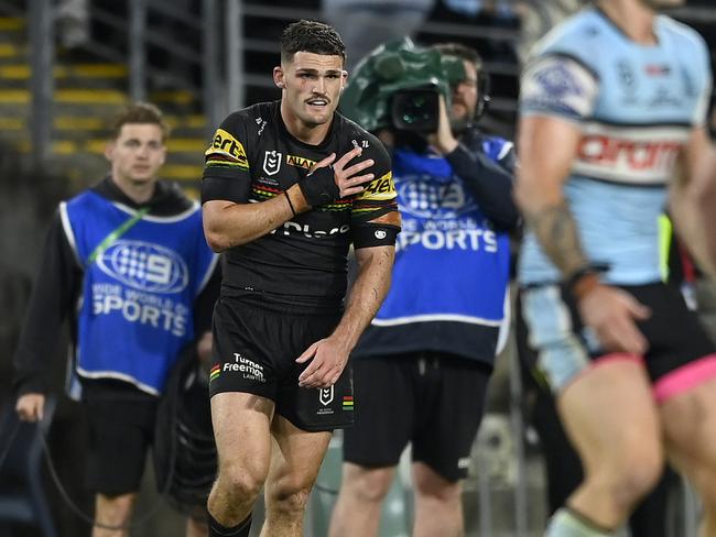 Penrith Panthers halfback Nathan Cleary clutches at his shoulder in the finals against Cronulla Sharks. Picture: NRL Images.