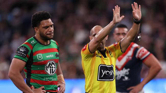 Taane Milne is sin-binned by referee Ashley Klein for a second time during the NRL elimination final between the Roosters and the Rabbitohs last year. Picture: Getty Images