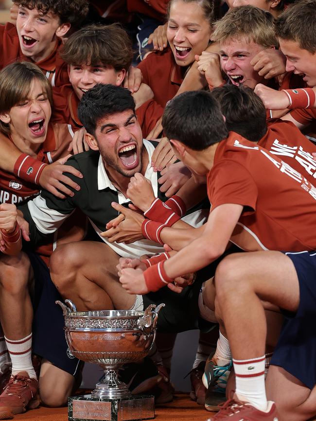 Alcaraz celebrates with the ball kids after his victory. Picture: Getty Images
