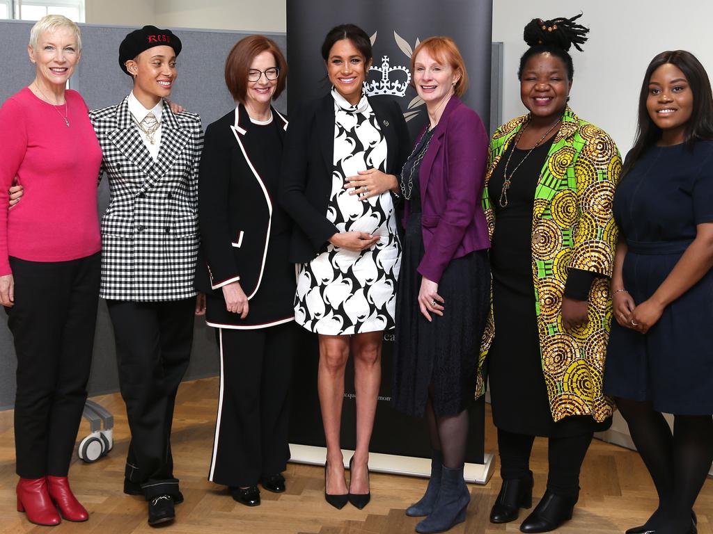 (L-R) Annie Lennox, Adwoa Aboah, Julia Gillard, Meghan, Duchess of Sussex, Anne McElvoy, Angeline Murimirwa and Chrisann Jarrett. Picture: AFP