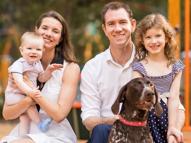 Jackson with husband Sam Crosby — and their children Oscar, then 1, and Charlotte, then 7, and dog Fala — when Crosby was the Labor candidate for Reid in 2019. Picture: Supplied