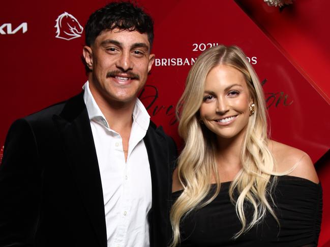 BRISBANE, AUSTRALIA Thursday 10th October 2024 Brisbane Broncos presentation night red carpet arrivals - Kotoni Staggs and Brittany Becht Picture David Clark