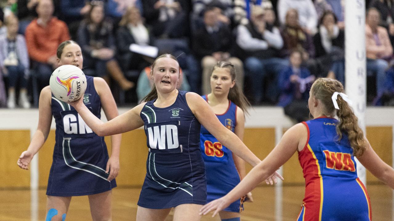 Abby Thomas of St Ursula's Junior B against Downlands Junior B in Merici-Chevalier Cup netball at Salo Centre, Friday, July 19, 2024. Picture: Kevin Farmer