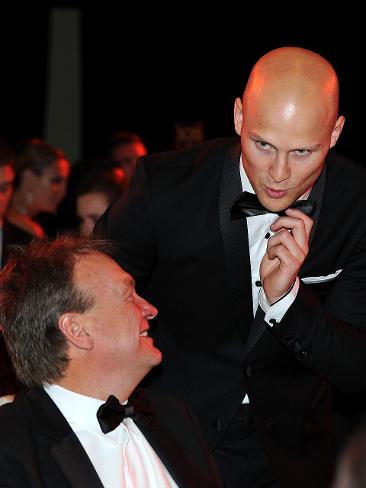 <p>Gary Ablett chats with Geelong CEO Brian Cook. Picture: Michael Dodge</p>