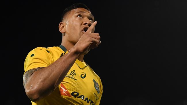 Israel Folau of the Wallabies celebrates after scoring a try during the Rugby Championship match between the Wallabies and the Argentina Pumas last September.