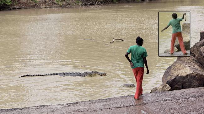 A woman attracts the attention of a 4m saltwater crocodile when she approaches the edge of Cahills Crossing along with her puppy named Meatball. She then proceeded to slap her thong to scare away the beast and throw a stick, striking the crocodile.