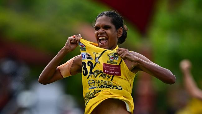 Tshinta Kendall celebrates a match winning goal for the Nightcliff Tigers against Tiwi in Round 5 of the 2024-25 NTFL season. Picture: Patch Clapp / AFLNT Media